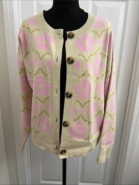 Amazon Essentials Pink and Cream Floral Button-Front Cardigan